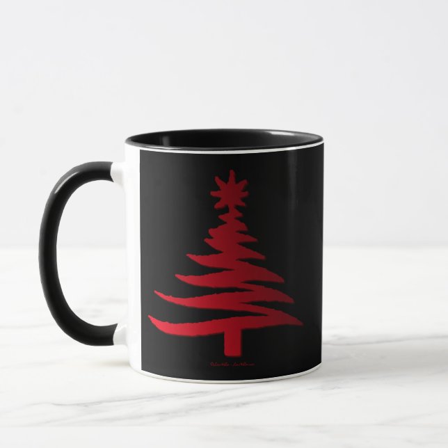 Modern Christmas Tree Stencil Print Red Mug (Left)