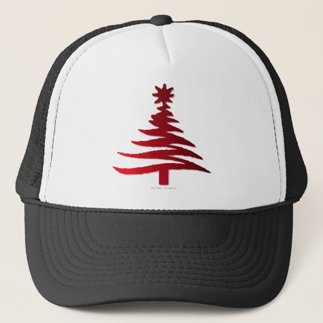 Modern Christmas Tree Stencil Print Red Trucker Hat (Front)
