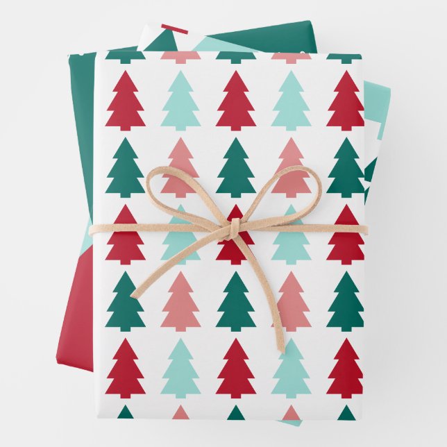 Modern Christmas Tree, Teal, Aqua, Red Wrapping Paper Sheet (In situ)