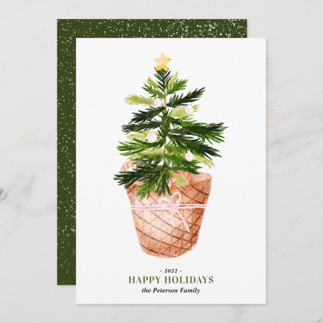 Modern Christmas tree watercolor bow illustration Card (Front/Back)