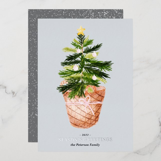 Modern Christmas tree watercolor bow illustration Foil Holiday Card (Front/Back)