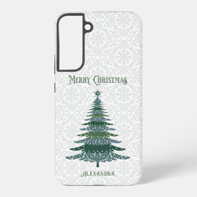 Modern Christmas Tree White Green Personalised Samsung Galaxy S22+ Case (Back)