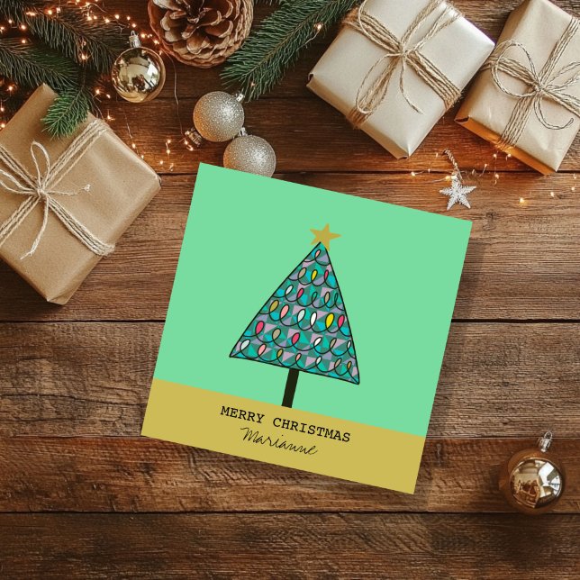 Modern Christmas Tree with Lights   Card (Modern Christmas Tree with festive lights card)