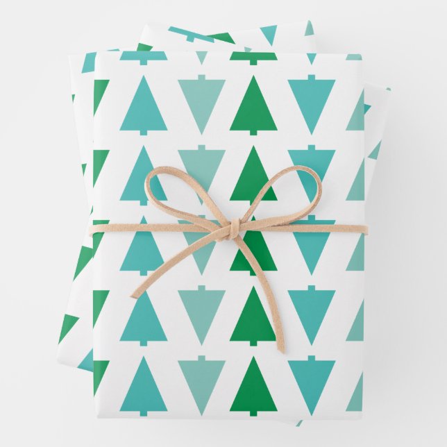 Modern Christmas Trees Aqua Holiday Patterned Wrapping Paper Sheet (In situ)