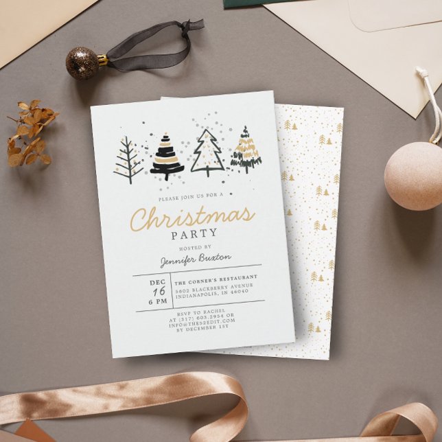 Modern Christmas Trees Black & Gold Holiday Party Invitation (Creator Uploaded)