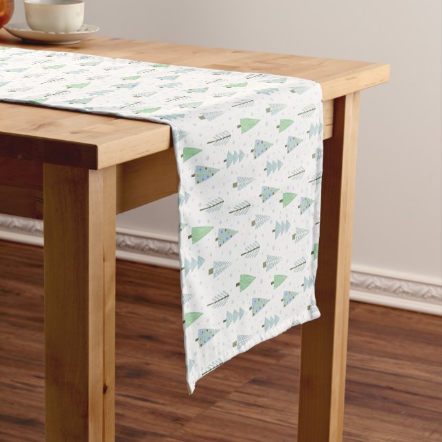 Modern Christmas Trees Blue Green Pattern Short Table Runner (In Situ)