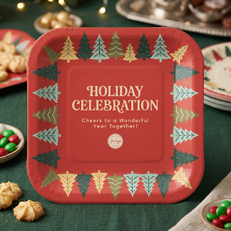 Modern Christmas Trees Corporate Happy Holidays Paper Plate