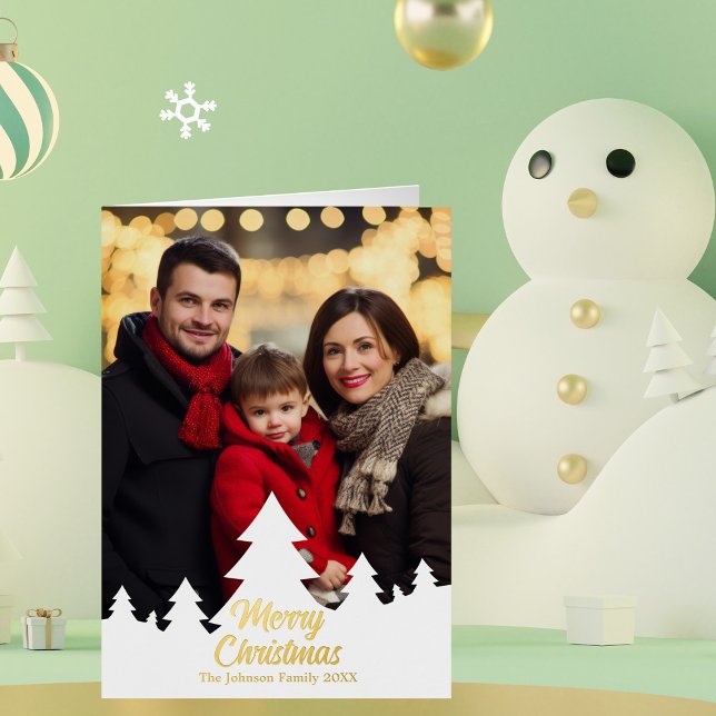 Modern Christmas Trees Family Photo Gold Foil Holiday Card (Creator Uploaded)