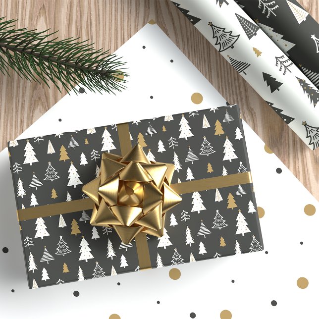 Modern Christmas Trees Gold and Grey Pattern Wrapping Paper Sheet (Creator Uploaded)