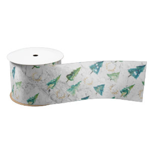 Modern Christmas Trees Green and Marble Satin Ribbon