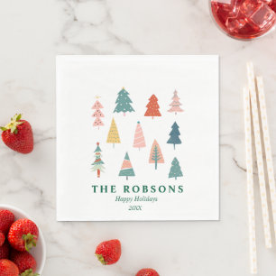 Modern Christmas Trees Green Happy Holidays Napkin