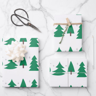 Modern Christmas Trees Green/Silver/White Wrapping Paper Sheet