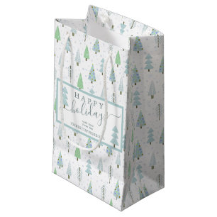 Modern Christmas Trees HAPPY HOLIDAYS Script Blue Small Gift Bag