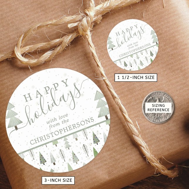 Modern Christmas Trees HAPPY HOLIDAYS Script Green Classic Round Sticker (Creator Uploaded)