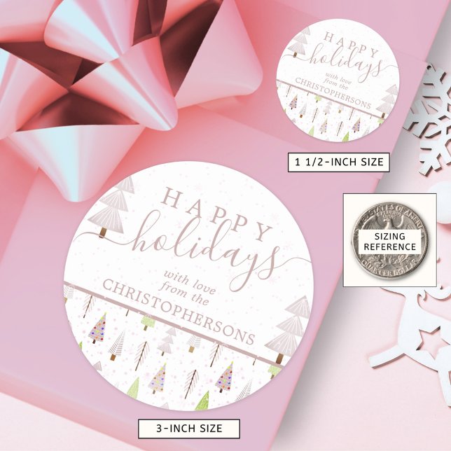 Modern Christmas Trees HAPPY HOLIDAYS Script Pink Classic Round Sticker (Creator Uploaded)