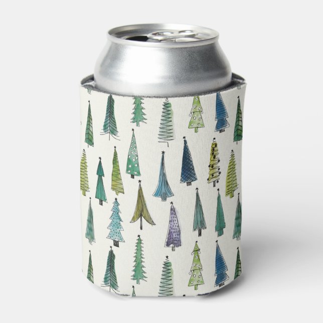 Modern Christmas Trees Illustrated Pattern Can Cooler (Can Front)