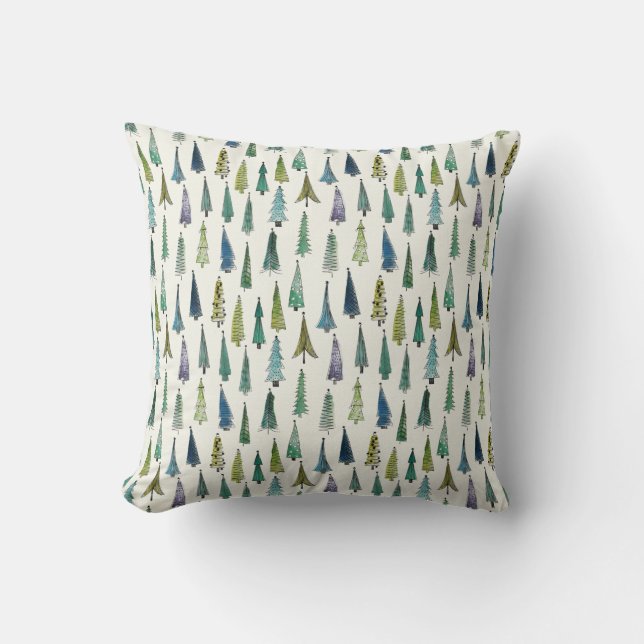 Modern Christmas Trees Illustrated Pattern Cushion (Front)