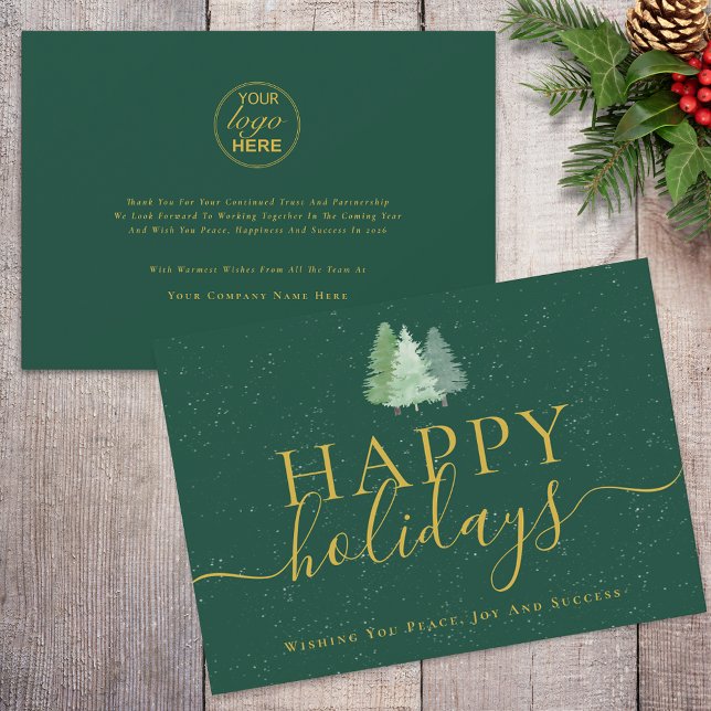 Modern Christmas Trees Logo Green Gold Business Holiday Card (Modern watercolor christmas trees company logo business green and gold holiday card)