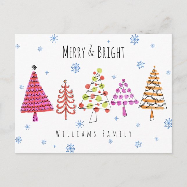 Modern Christmas Trees Merry & Bright Holiday Postcard (Front)