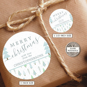 Modern Christmas Trees MERRY CHRISTMAS Script Blue Classic Round Sticker