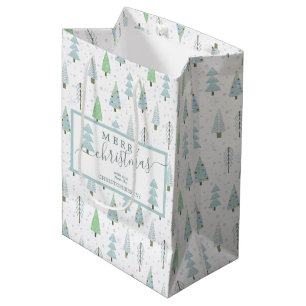 Modern Christmas Trees MERRY CHRISTMAS Script Blue Medium Gift Bag
