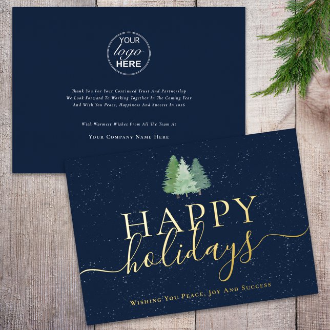Modern Christmas Trees Navy Blue Gold Business Foil Holiday Card (Modern elegant logo watercolor snowy christmas trees navy blue & gold foil business holiday card)