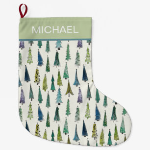 Modern Christmas Trees Pattern Personalised Large Christmas Stocking