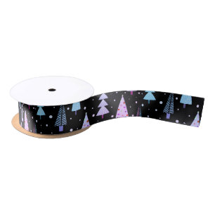 Modern Christmas Trees Purple Pink Black Pattern Satin Ribbon