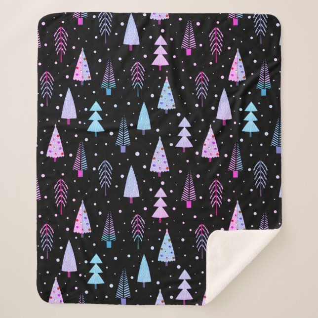 Modern Christmas Trees Purple Pink Black Pattern Sherpa Blanket (Front)