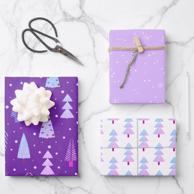 Modern Christmas Trees Purple Pink Pattern Wrapping Paper Sheet (Front)