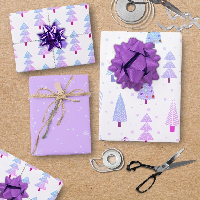 Modern Christmas Trees Purple Pink Pattern Wrapping Paper Sheet (Creator Uploaded)