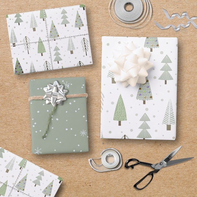 Modern Christmas Trees Sage Green Olive Pattern Wrapping Paper Sheet (Creator Uploaded)