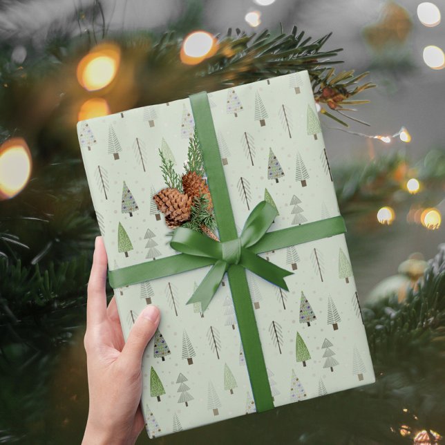 Modern Christmas Trees Sage Green Pattern Wrapping Paper (Creator Uploaded)