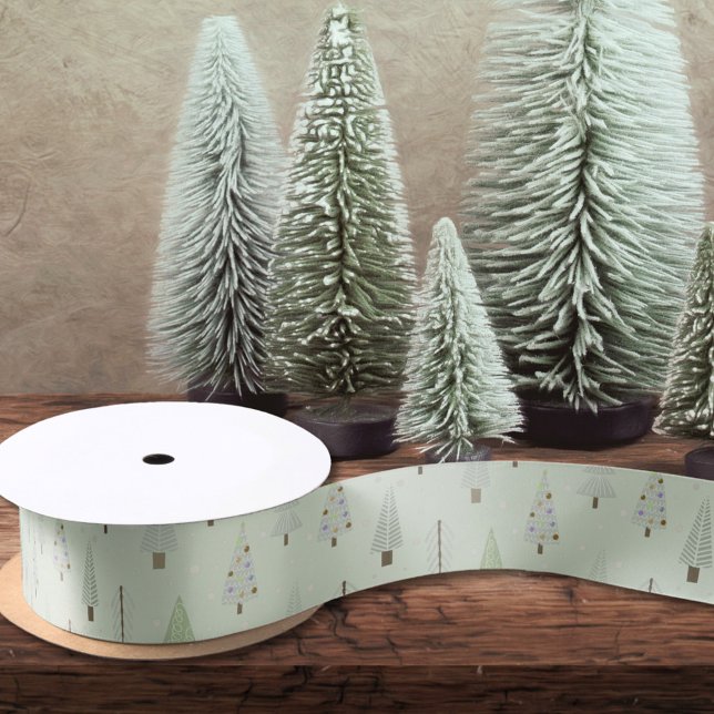 Modern Christmas Trees Sage Green Satin Ribbon (Creator Uploaded)