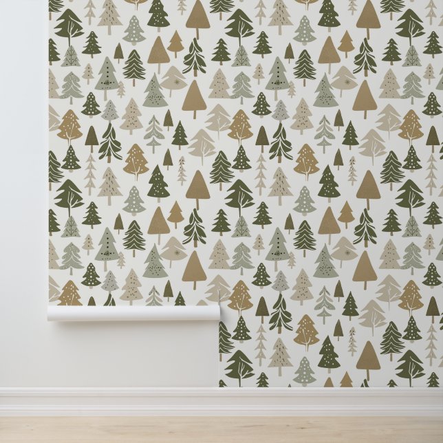 Modern Christmas Trees Sage Olive Green Pattern Wallpaper (Application)