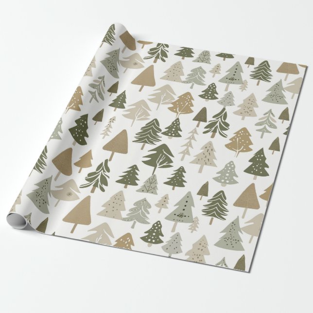 Modern Christmas Trees Sage Olive Green Pattern  Wrapping Paper (Unrolled)