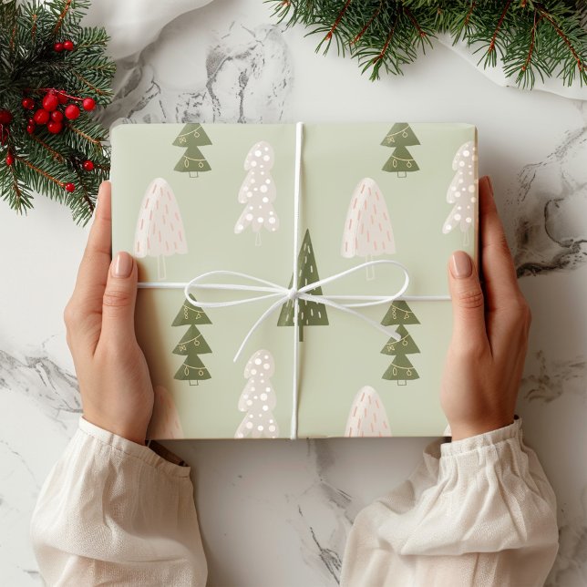 Modern Christmas Trees Sage Olive Green Pattern Wrapping Paper (Creator Uploaded)