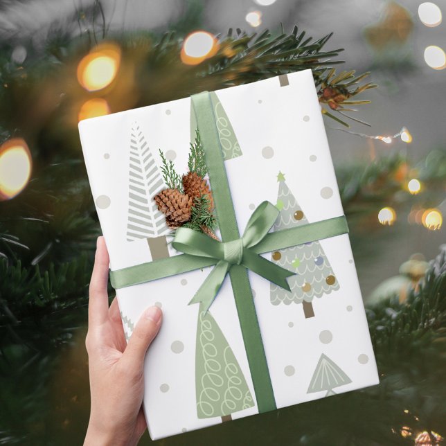 Modern Christmas Trees Sage Olive Green Pattern Wrapping Paper (Creator Uploaded)