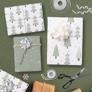 Sage Green Merry Christmas White Christmas Tree Wrapping Paper