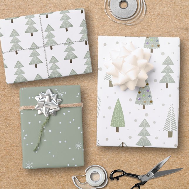 Modern Christmas Trees Sage Olive Green Pattern Wrapping Paper Sheet (Creator Uploaded)