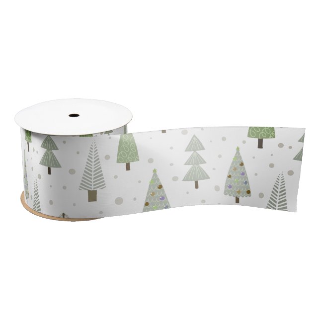Modern Christmas Trees Sage Olive Green White Satin Ribbon (Spool)