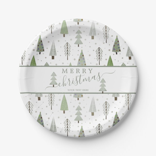 Modern Christmas Trees Script MERRY CHRISTMAS Paper Plate (Front)