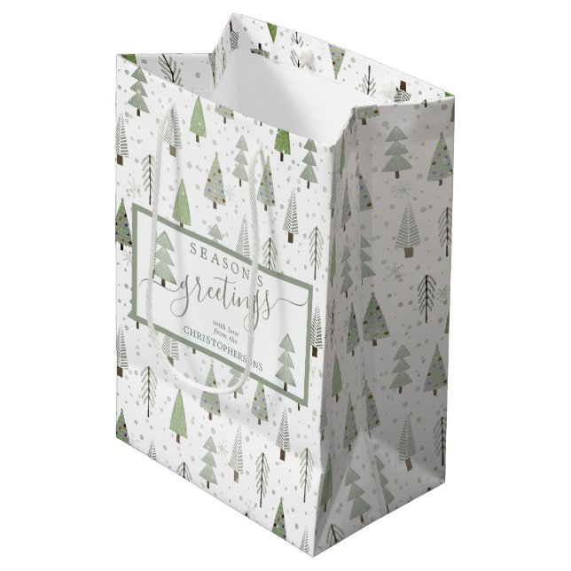Modern Christmas Trees SEASONS GREETINGS Script Medium Gift Bag (Front Angled)
