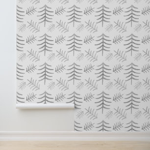 Modern Christmas Trees Silver On White  Wallpaper