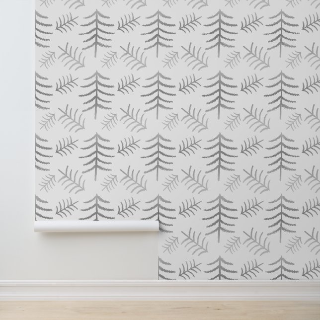 Modern Christmas Trees Silver On White  Wallpaper (Application)
