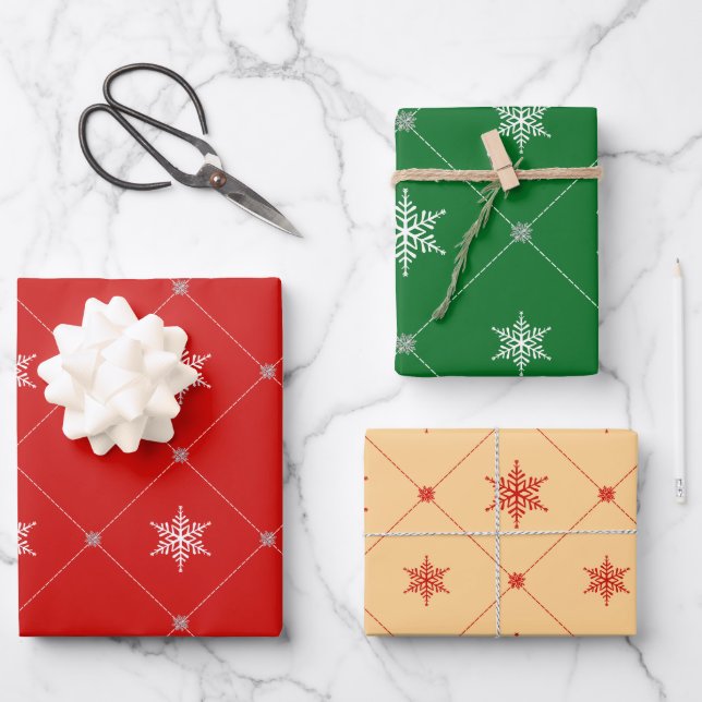 Modern Christmas | Triangles & Snowflakes Pattern Wrapping Paper Sheet (Front)