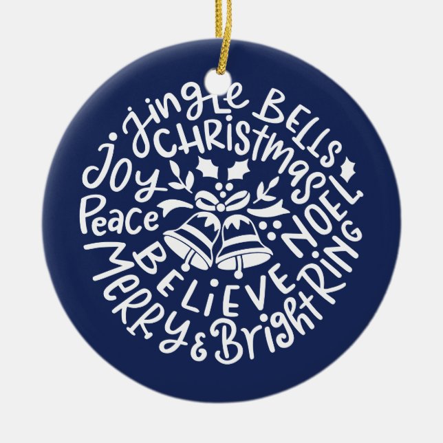 Modern Christmas Typography Jingle Bells blue Ceramic Tree Decoration (Front)