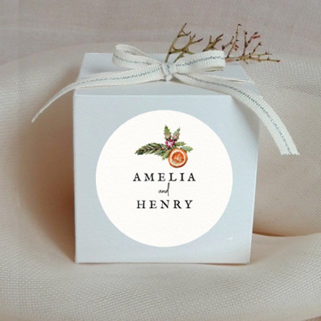 Modern Christmas Wedding Favour Classic Round Sticker (Creator Uploaded)