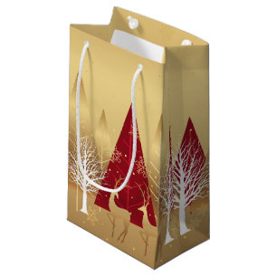 Modern Christmas Winter Deer Scene Gold Red Small Gift Bag