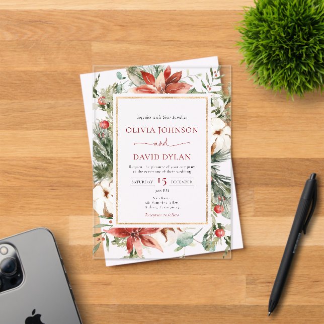 Modern Christmas Winter Red Gold Greenery Wedding Acrylic Invitations (Insitu (Invitation Card))